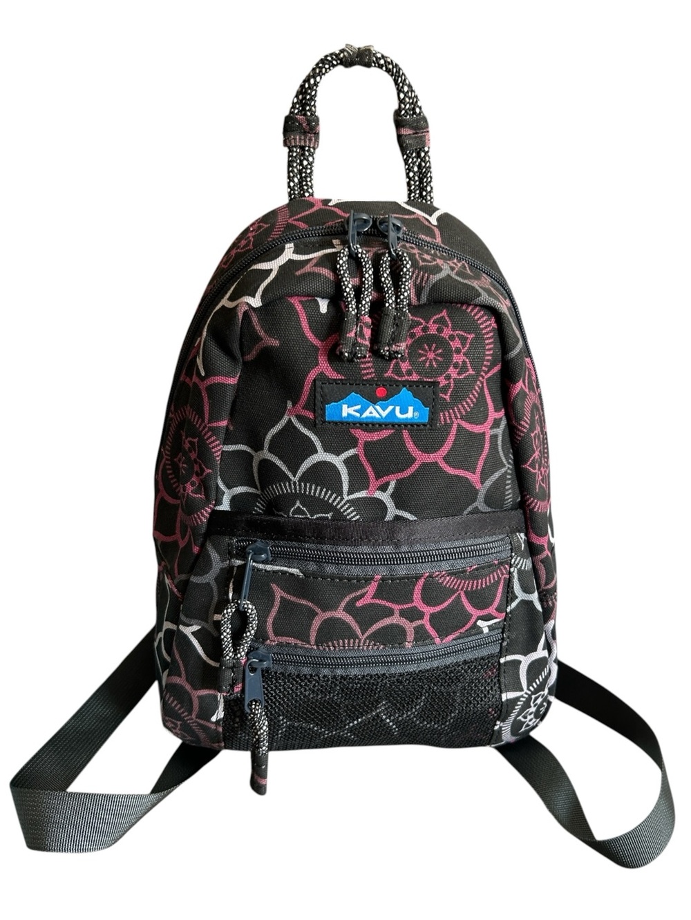 KAVU Mini Canvas Backpack in Geo Black Pink and Gray Mandala Print